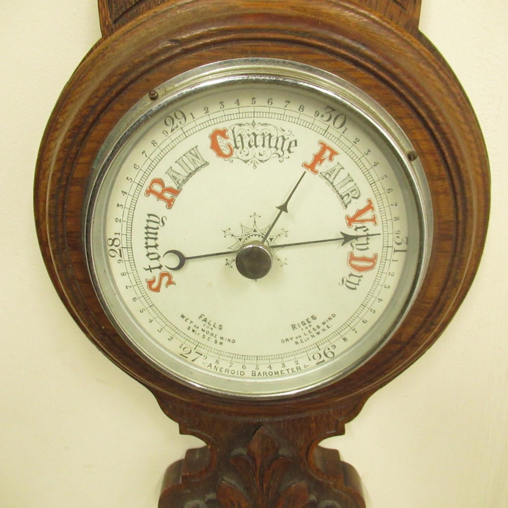 Early C20th carved oak cased wheel barometer, and thermometer, H73cm, late C19th Ansoia Regulator, - Image 2 of 4