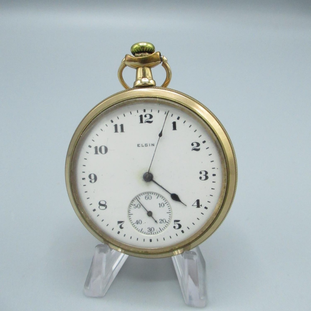 Elgin early C20th rolled gold open faced keyless wound and set pocket watch, signed enamel Arabic - Image 3 of 3