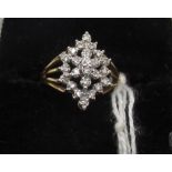 9ct yellow gold diamond cluster ring, stamped 375, size N, 3.2g