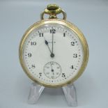 Elgin early C20th rolled gold open faced keyless wound and set pocket watch, signed enamel Arabic