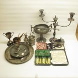 Mixed collection of pewter, silver plate and EPNS inc. cased cutlery sets, a trophy from the York