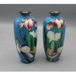 Pair of C20th Cloisonné ware vases, turquoise blue ground decorated with exotic flowers and birds