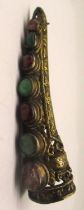 C20th Chinese silver pierced fingernail guard, set with jade and other hard stones mounted as brooch