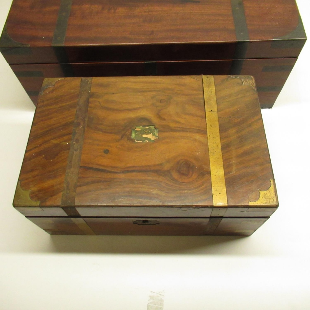 C19th brass banded mahogany Campaign style folding writing slope, with recessed handles and metal - Image 4 of 5