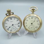 Waltham rolled gold open faced keyless wound and set pocket watch, signed white enamel Roman dial,
