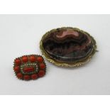 Yellow metal early C19th brooch set with coral and seed pearls, and a C19th yellow metal oval brooch