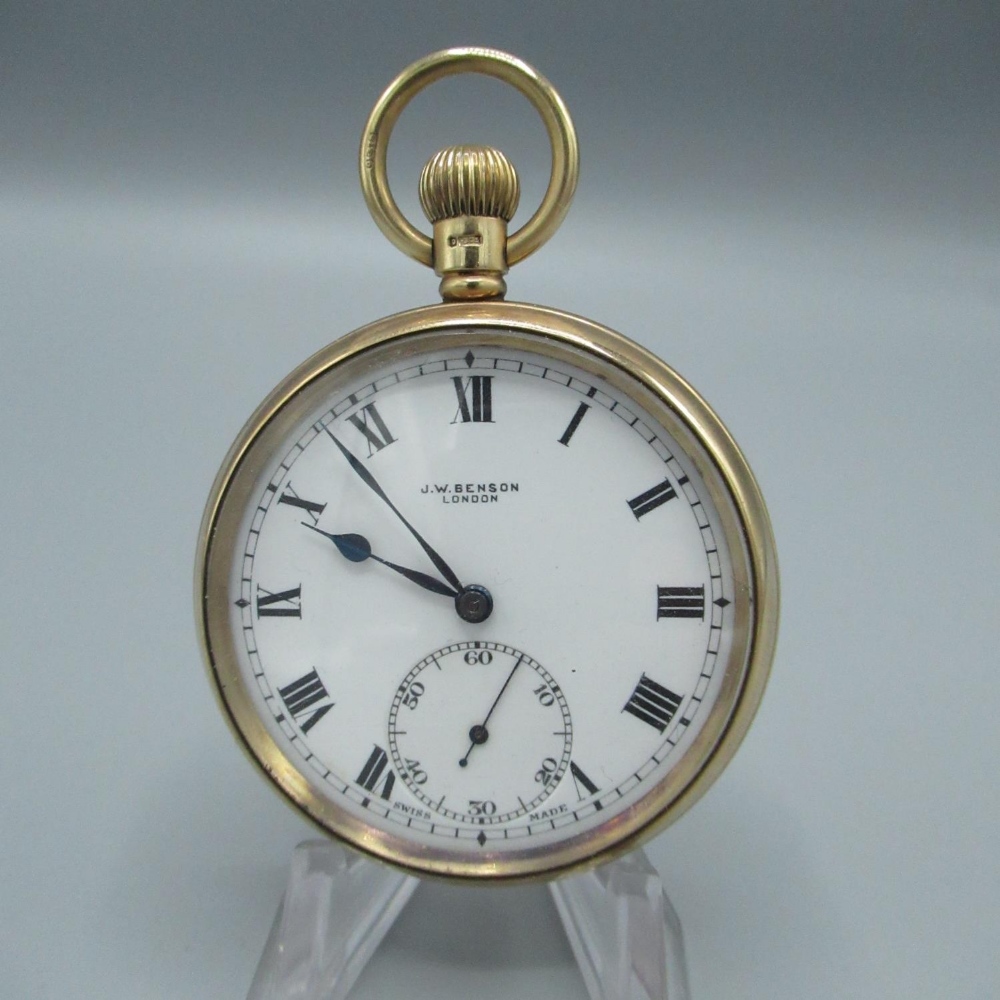 Geo. V 9ct gold hallmarked keyless wound and set open face pocket watch by J. W. Benson London,