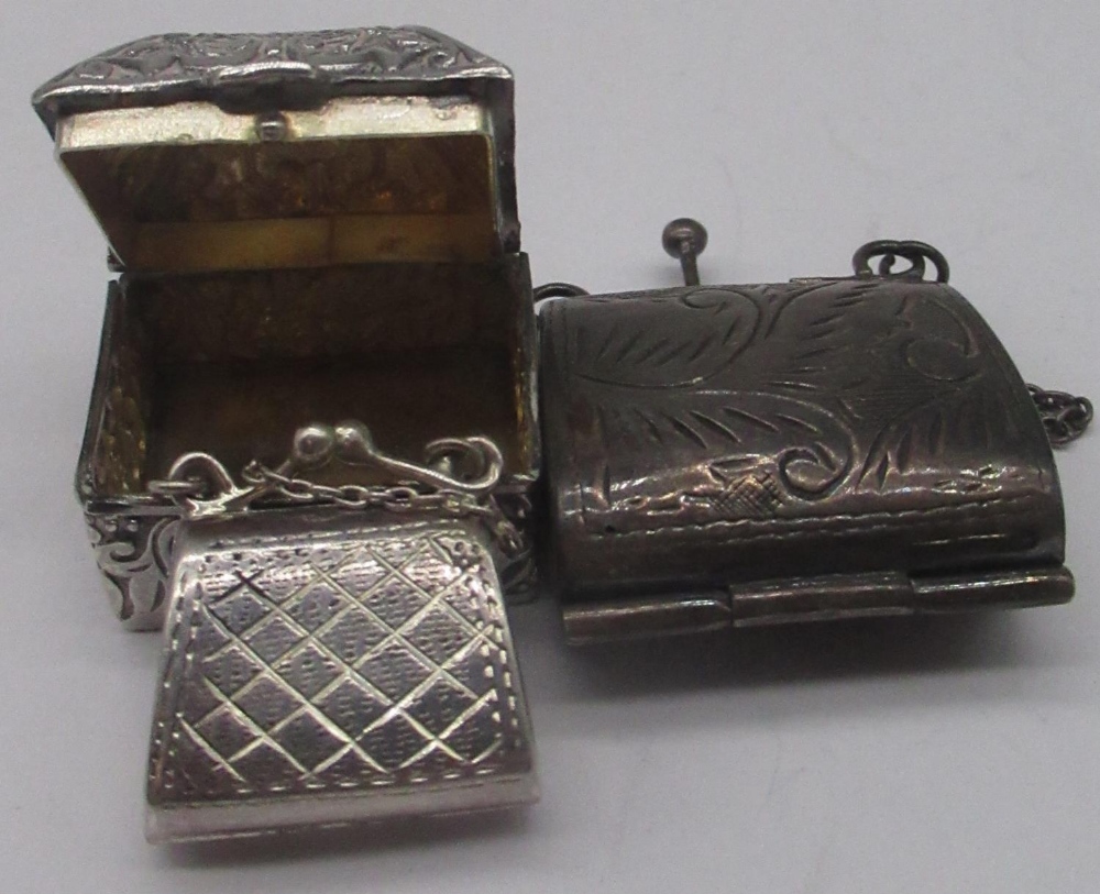 Sterling silver miniature trinket box stamped 925, a hallmarked silver miniature handbag (A/F) and - Image 2 of 2