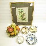 Capodimonte basket of fruit, pair of Quimper trios, decorative ceramics, watercolour by K. J. Wood