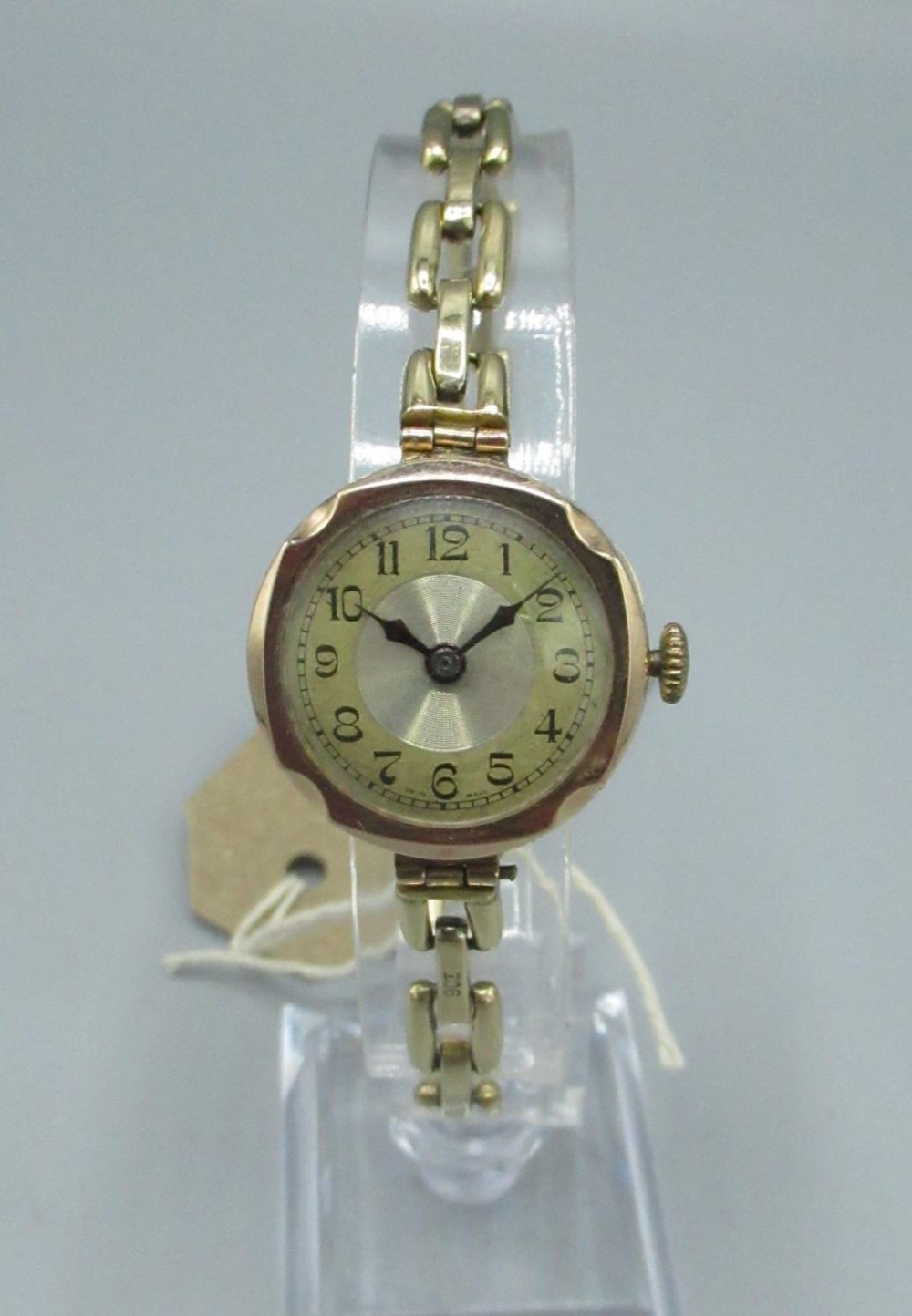 Swiss, C20th ladies 9ct gold cased hand wound wristwatch with two tone silvered Arabic dial, three