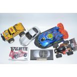Collection of used radio controlled cars and a hovercraft, no transmitters. Includes a vintage