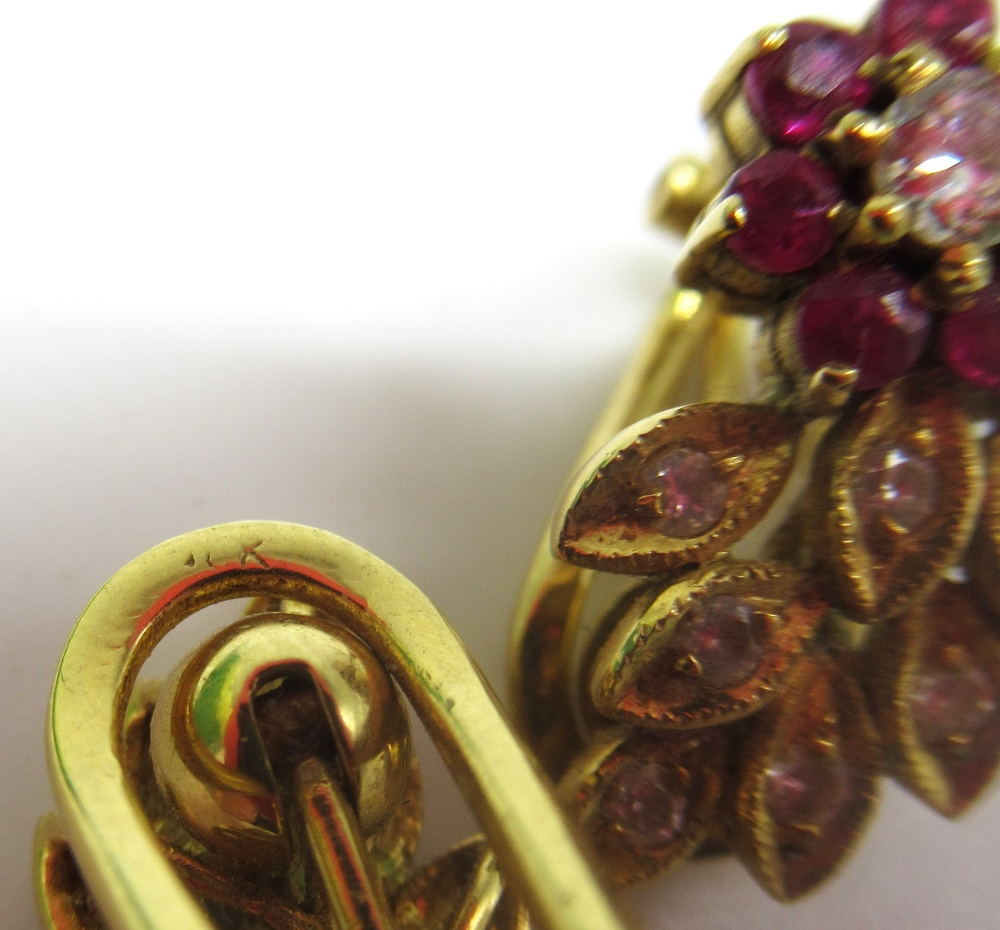Pair of yellow metal earrings, the floral design set with brilliant cut diamonds and rubies, stamp/ - Image 2 of 2