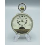 Hebdomas Patent white metal open faced, keyless pin set pocket watch, signed dial with visible