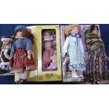 Five modern porcelain collectors dolls, four boxed (5)