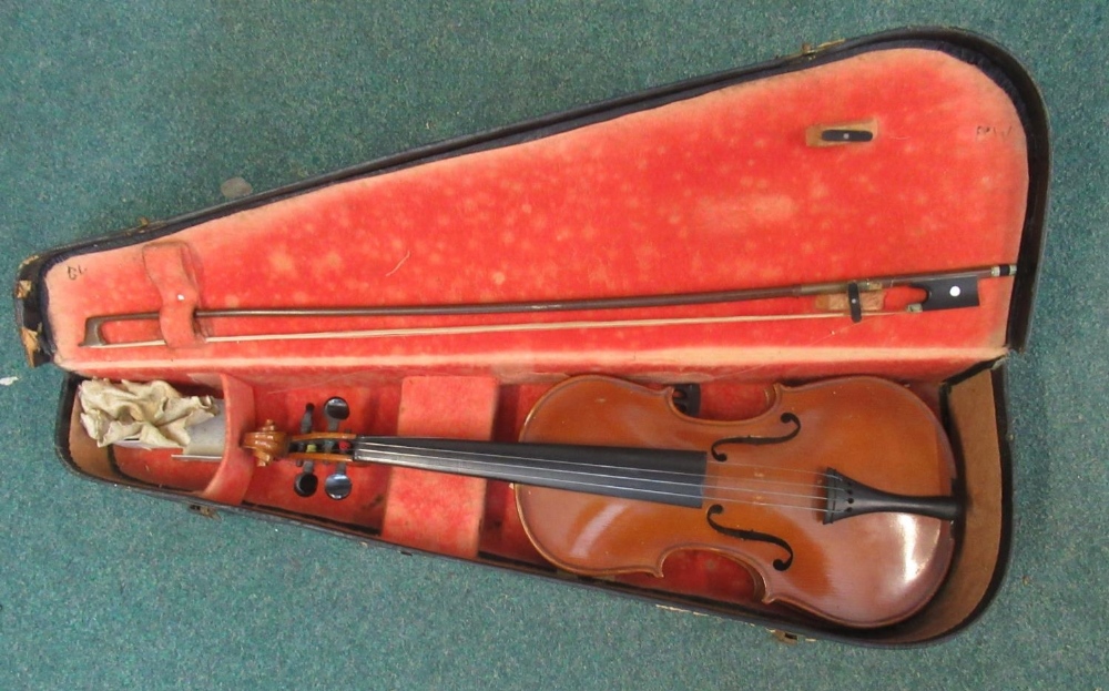 Junior two piece back violin with bow, with label Made In Czechoslovakia, cased