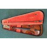 Junior two piece back violin with bow, with label Made In Czechoslovakia, cased