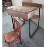 Child's vintage school desk and bench seat, with hinged lid on metal supports, W60cm D74cm H84cm,