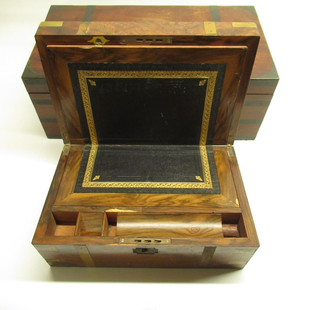 C19th brass banded mahogany Campaign style folding writing slope, with recessed handles and metal - Image 5 of 5