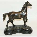 Bronze sculpture of a horse on veined marble base, signature 'Milo', foundry stamp to base 'BRONZE