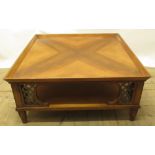 Late C20th oriental hardwood low line coffee table with quarter veneer top and under tier, W84cm