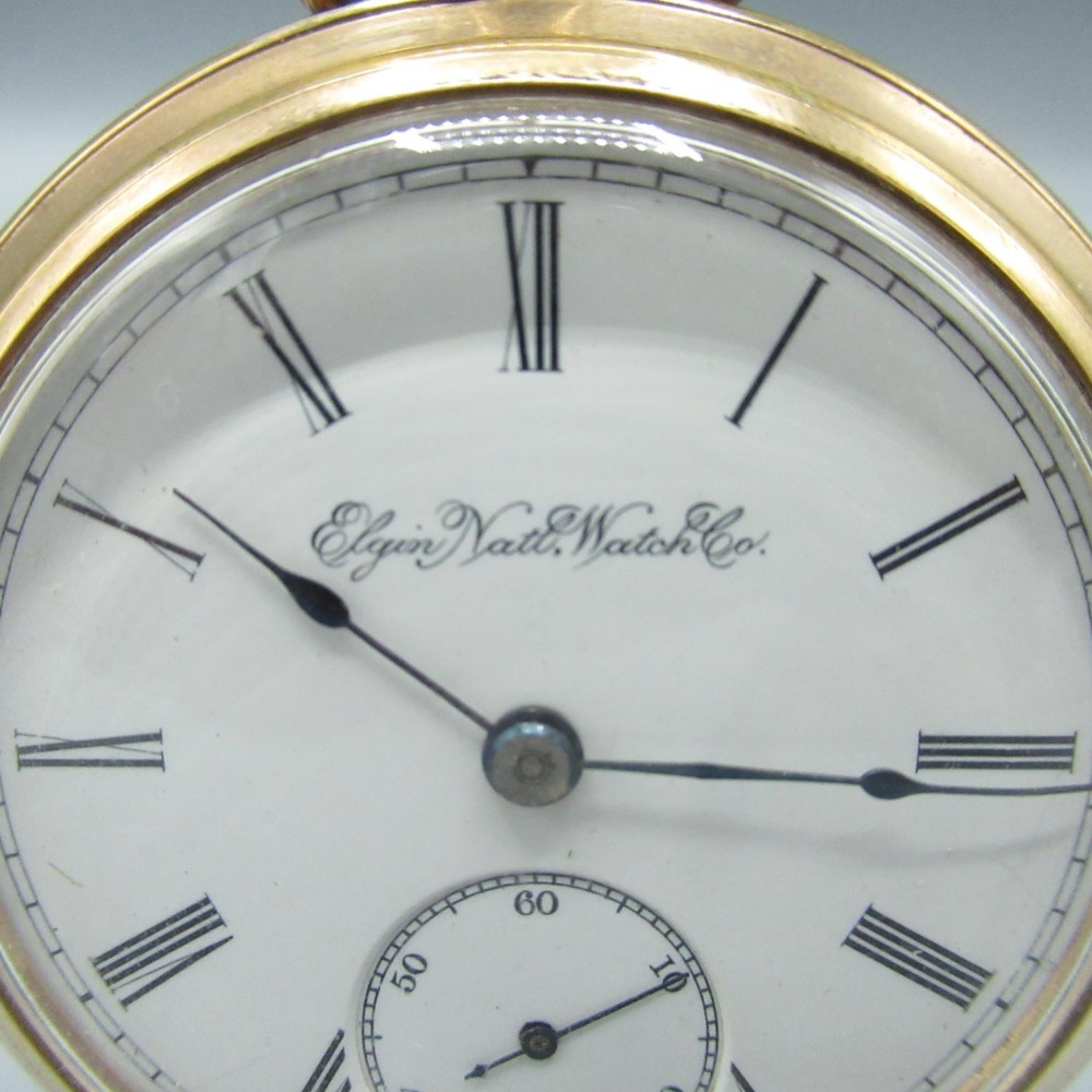 Elgin rolled gold open faced keyless wound and set pocket watch, with signed white enamel Roman - Image 2 of 2
