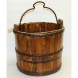 19th century wooden farm/dairy bucket with iron banding and handle, H30cm
