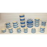 T.G. Green blue and white striped Cornishware ceramics including juice jug, mugs, biscuit jar, all
