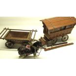 Wood model of a Gypsy caravan with horse (a/f), a wood model of a cart, 4 small wood sets of drawers