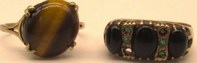 9ct yellow gold ring set with tigers eye, stamped 9ct, size S, and a 9ct yellow gold ring set with