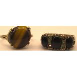 9ct yellow gold ring set with tigers eye, stamped 9ct, size S, and a 9ct yellow gold ring set with