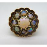 9ct yellow gold cluster ring set with opals, stamped 375, size L1/2, and a 9ct yellow gold ring