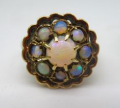 9ct yellow gold cluster ring set with opals, stamped 375, size L1/2, and a 9ct yellow gold ring
