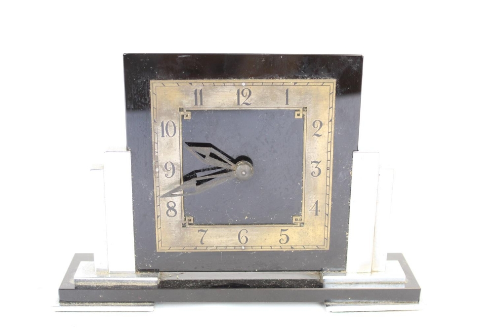 Art Deco ABEC chrome plated and black glass mantel timepiece of ziggurat form with applied chapter - Image 2 of 2