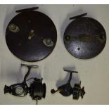2 vintage wood centrepin fishing reels, no makers marks and 2 sidearm reels, a 'Sportex 55' and a '