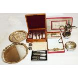 Cased silver plated dessert cutlery with mother of pearl handles, six cased fruit knives with mother