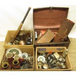 Metal trunk and three boxes containing an assortment of metalware, electronics, cricket bat,