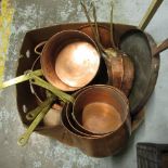 Six copper cylindrical sauce pans with brass handles, with one lid, 3 shallow copper pans with brass