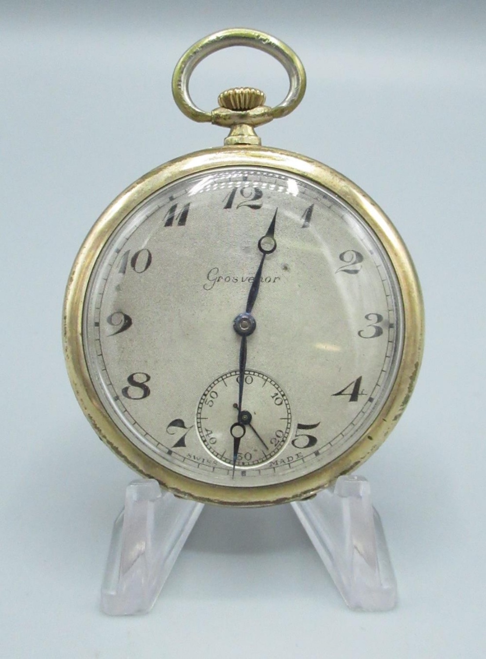 Grosvenor 1930s rolled gold open face keyless wound and set pocket watch, with silvered engine - Image 5 of 7