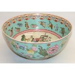 20th century Chinese punch bowl decorated with figures on horseback, peacocks, etc., stamped