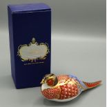 Royal Crown Derby Imari Pheasant paperweight with gold stopper, date code Llll, L17cm in original