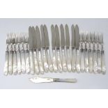 Set of Geo.V hallmarked Sterling silver dessert knives and forks with mother of pearl handles, by