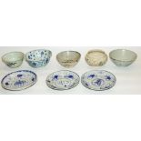Blue and white provincial Chinese / Southeast Asian pottery rice bowls, some with National Museum