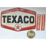 Enamelled sign for Texaco W45xH29.7cm and 3 smaller signs for Firestone and Castrol.