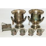 WMF Secessionist style cup holders with later glass liners, H8.5cm, a plated sardine dish and
