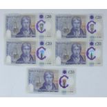 Run of five Bank of England £20 polymer notes with AK47 prefix, serial number 813596 through