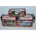 Five 1:18 diecast model cars including American Road Legends, MRC, Maisto, Elvis Presley 1955 pink