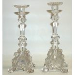 Pair of pressed glass candlesticks in the style of Val St Lambert (AF, chips), H26.5cm
