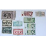 Small selection of bank notes to include Bank of England £1 etc