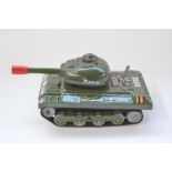 Japanese made tin plate and plastic battery operated tank model, some mild corrosion to battery