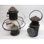 Early c20th Japanned hand held Railway type paraffin lamp with three filters & a Ships hanging